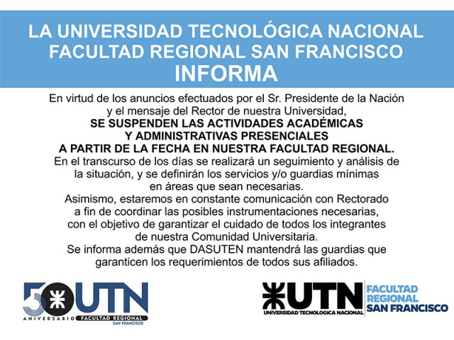 Suspensión de actividades académicas y administrativas presenciales de nuestra Facultad