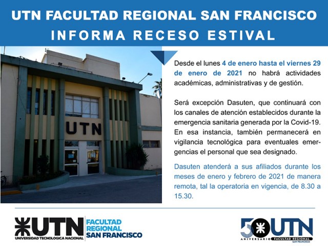 Entre el 4 y el 29 de enero habrá receso administrativo en nuestra Facultad Regional