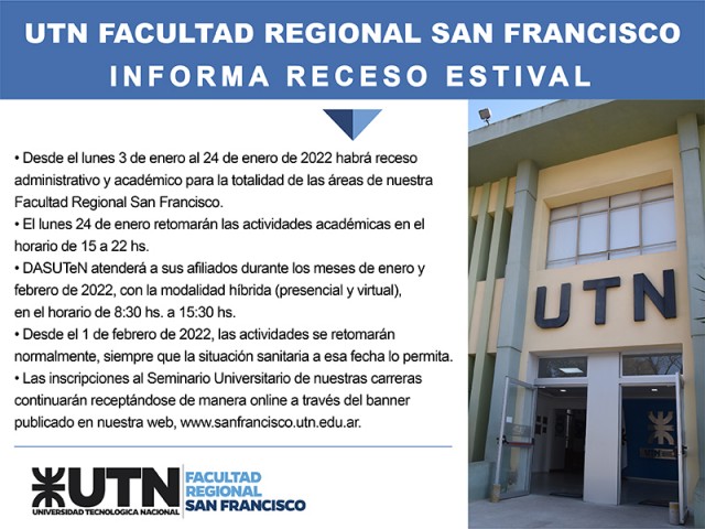 El 3 de enero comienza el receso estival en nuestra Facultad Regional San Francisco