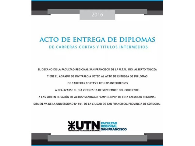 Se realizará la Entrega de Diplomas de Carreras Cortas y Títulos Intermedios