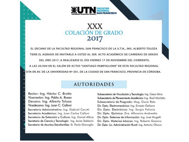 Esta noche se realiza el Tercer Acto de la XXX Colación de Grado de nuestra UTN San Francisco